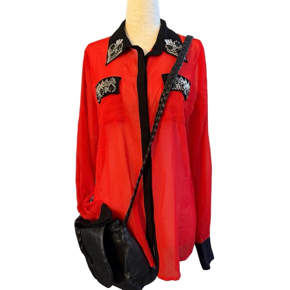 BKE Boutique Gothic Cowgirl Beaded Sheer Red Blouse with Black‎ Trim Sz M